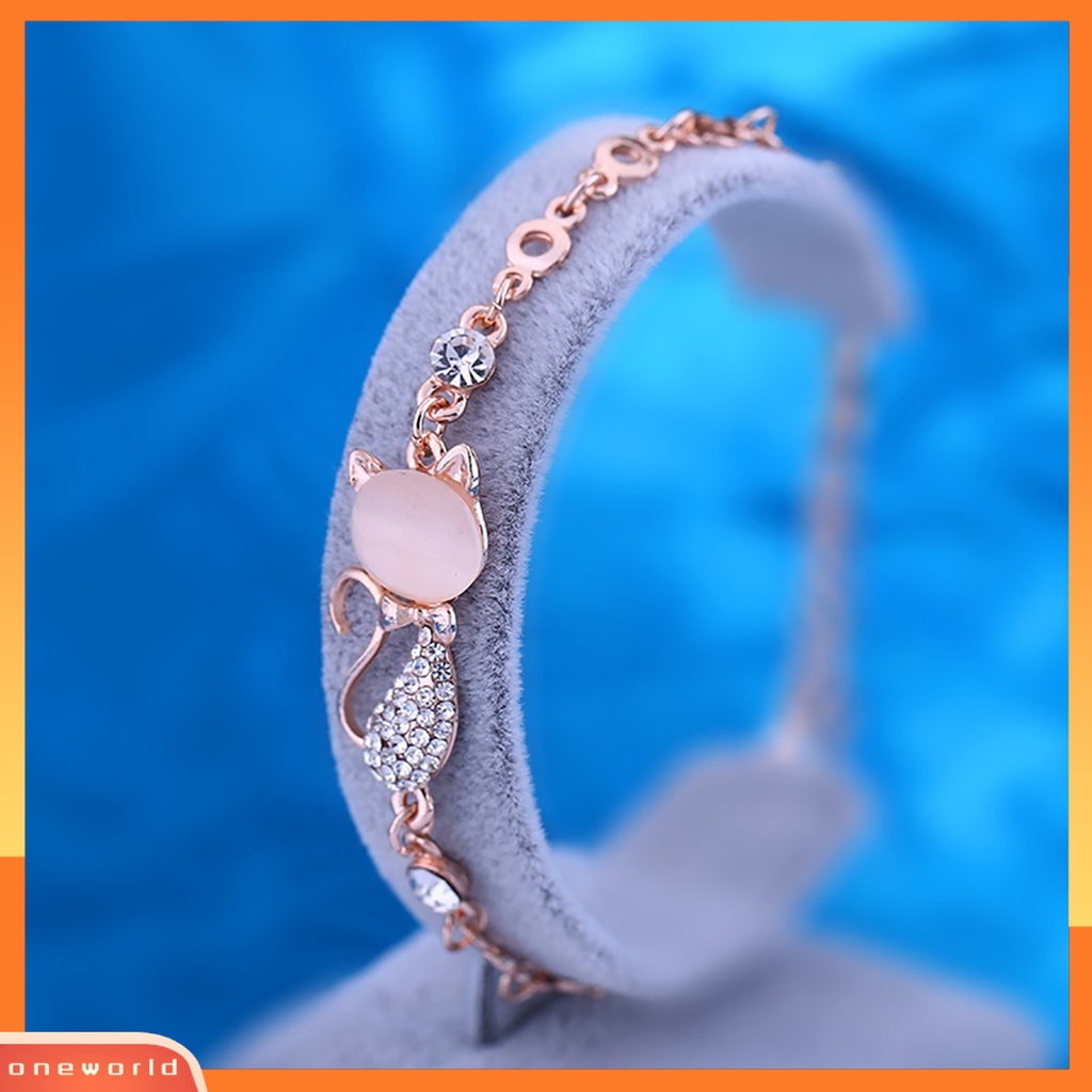 {oneworld} Perhiasan Rantai Gelang Bangle Berlian Imitasi Wanita Ladies Lovely Cat Pendant Opal Untuk Kehidupan Sehari-Hari