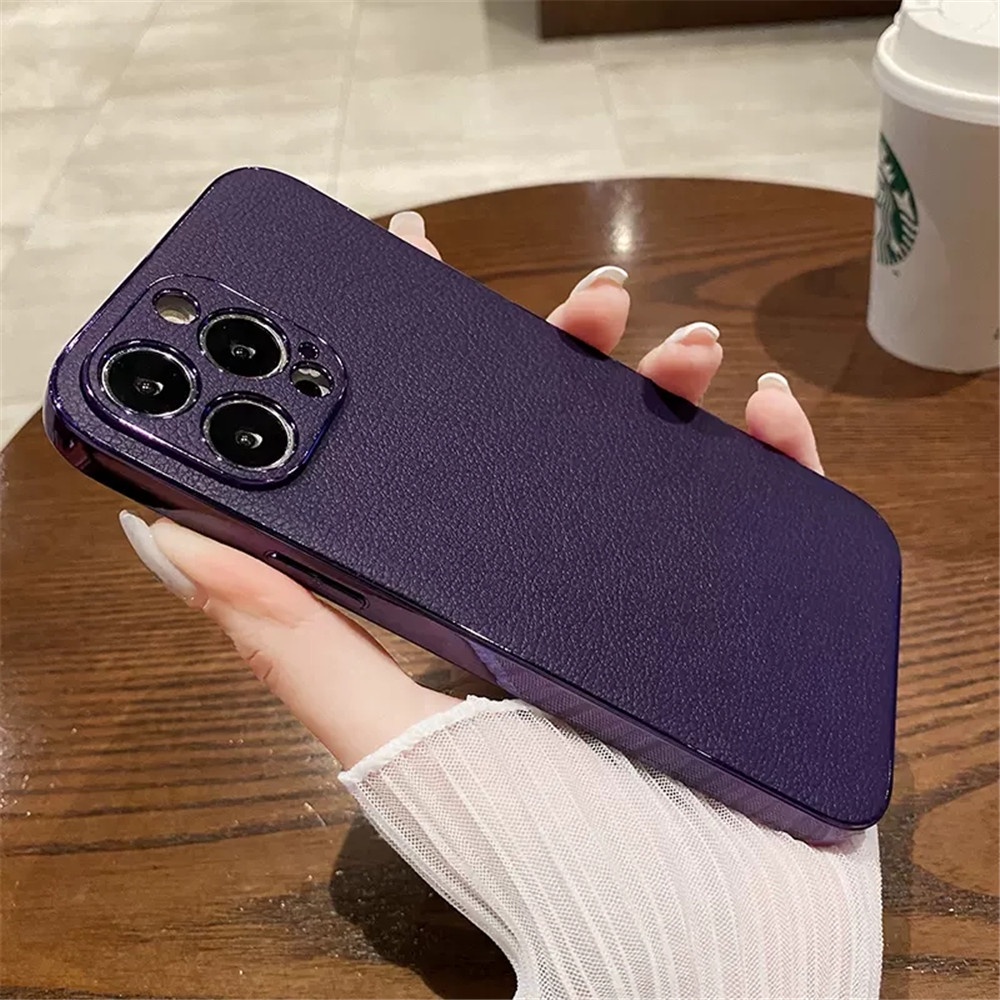 IPHONE Deep Purple Luxury Plating Frame Leather Case Untuk Iphone14 13 12 11 Pro Max14 Plus Ultra Tipis Electroplate Shockproof Casing Bumper Cover