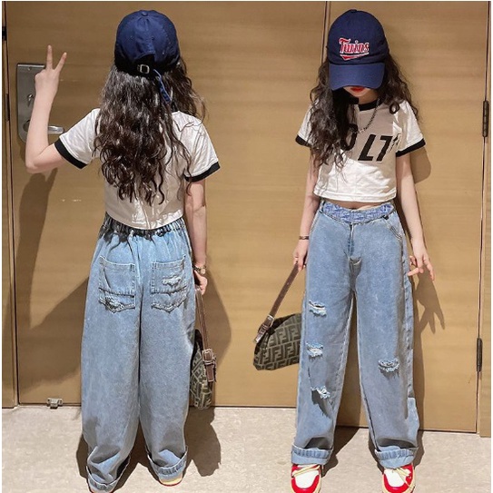 Setelan anak PEREMPUAN CROP SET import VOLT + CELANA JEANS TEBAL KEKINIAN setelan anak teenageR