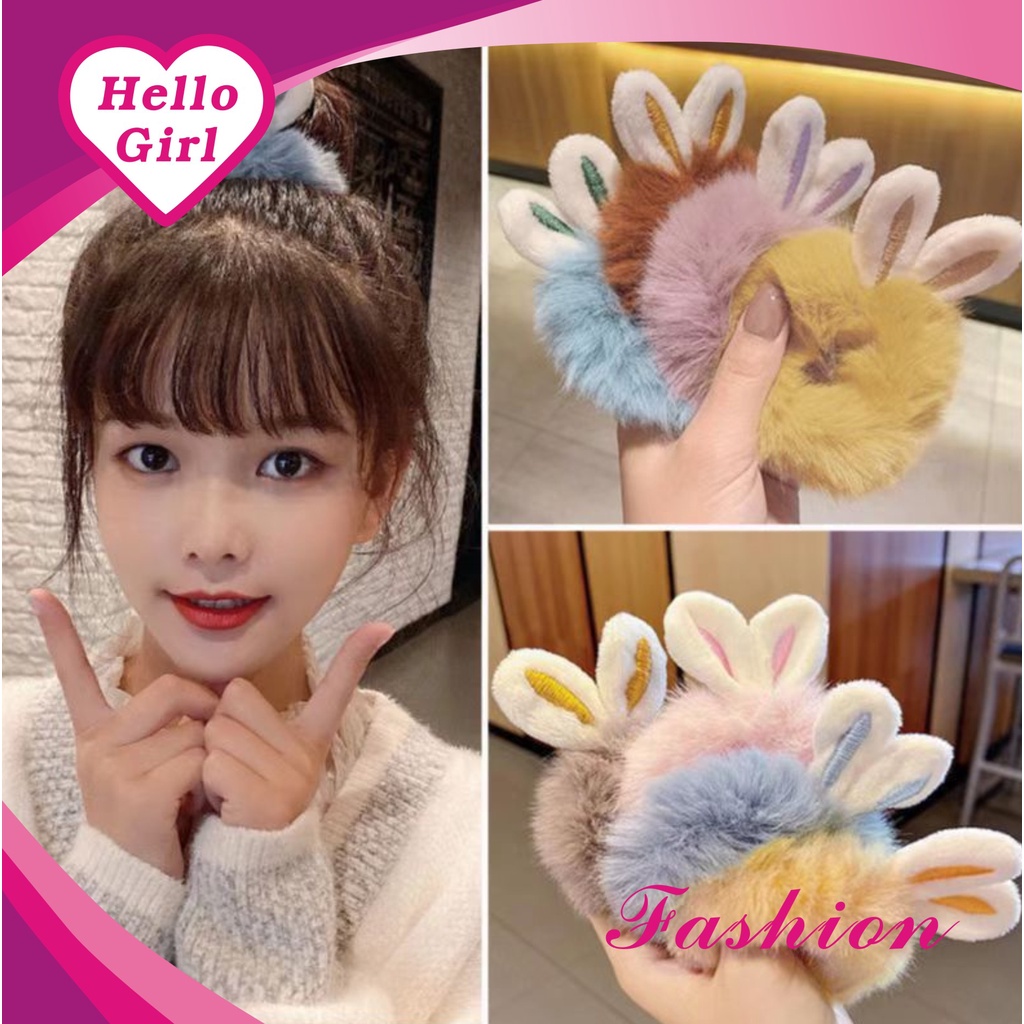 (Hello Girl)F189 Scrunchie Bulu Kelinci  Ikat Rambut Cepol Wanita Kekinian Gaya Korea Import