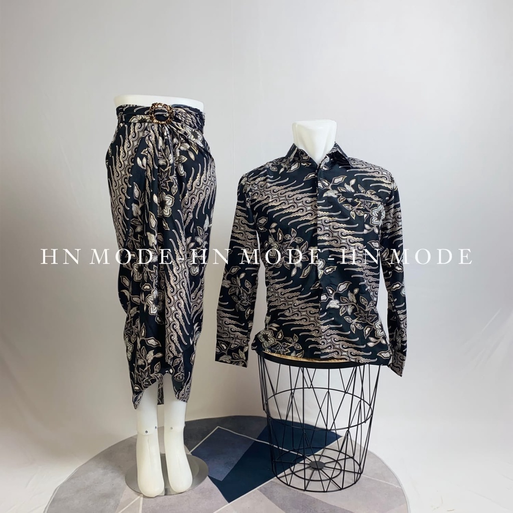 Couple kemeja batik panjang mix rok lilit motif coin / Couple kemeja batik terbaru