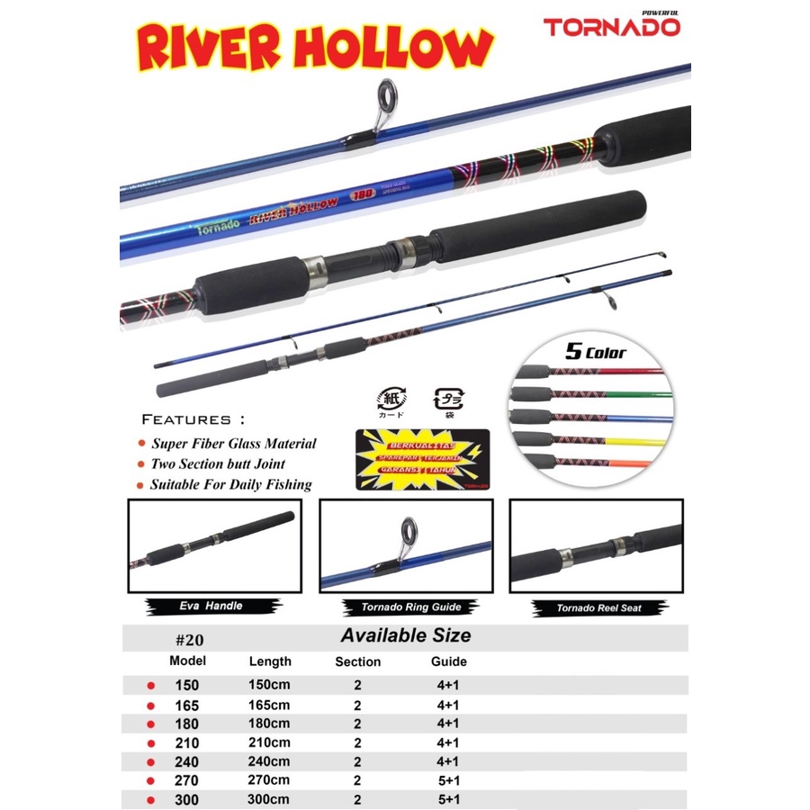 Joran Pancing TORNADO River Hollow Fiber Glass Piber Padat Full Sutet Buntu Rod Stik Tongkat Alat Pe