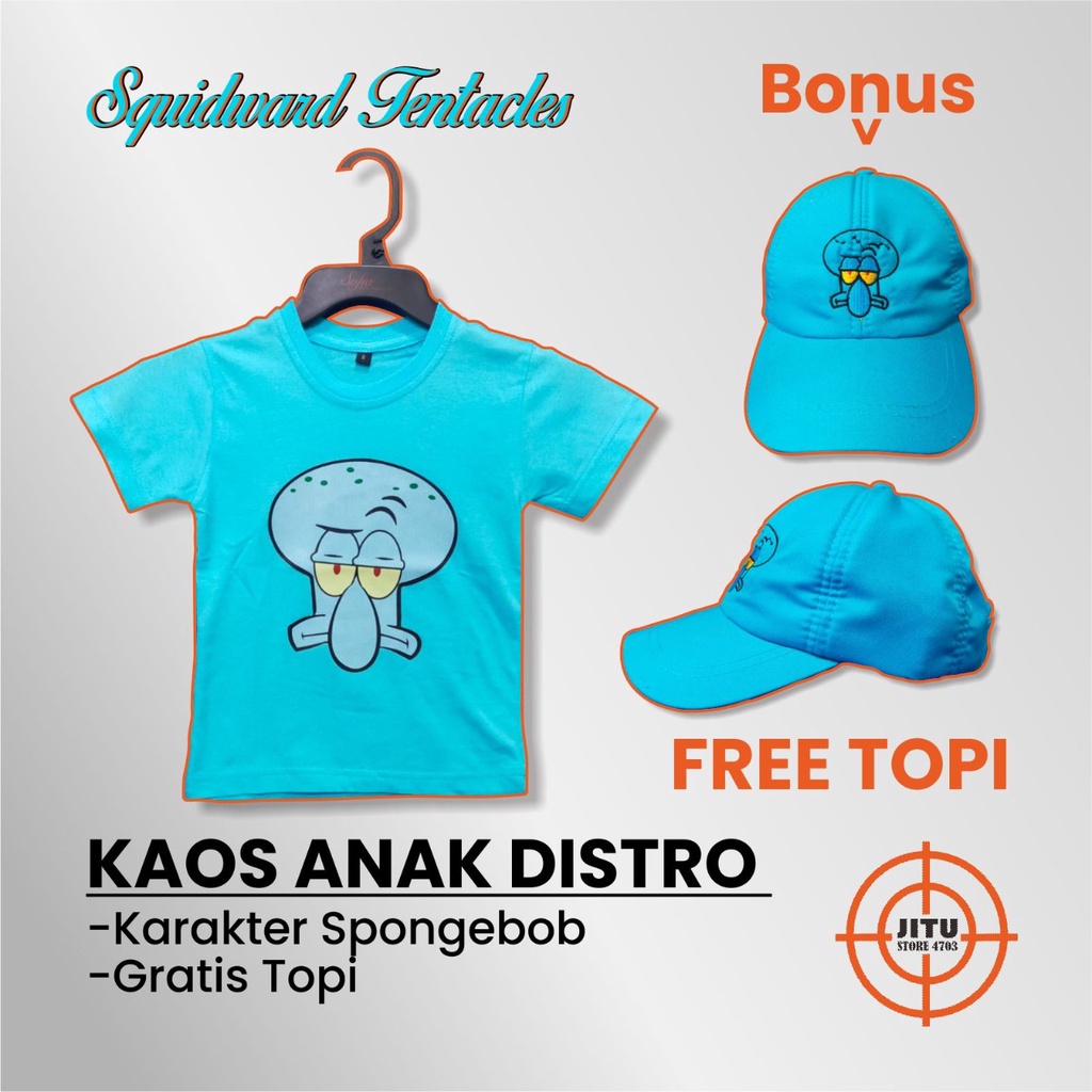 KAOS DTF ANAK DISTRO KARAKTER SPONGEBOB PATRICK SANDY SQUIDWARD MR CRAB BONUS GRATIS TOPI BORDIR