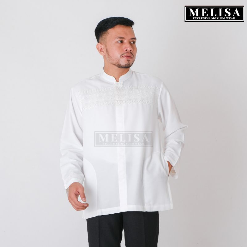 baju koko pria lengan panjang warna putih tulang bahan poli katun motif bordir size M L XL