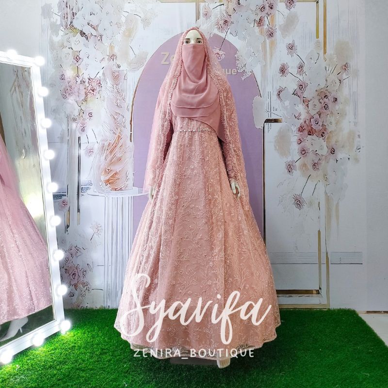 SYARIFA Wedding Dress FREE Pasmina dan VEIL selendang tile / Gaun pernikahan putih / akad / Baju pesta / prewedding