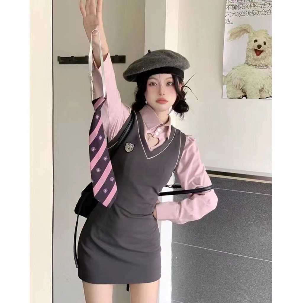 Red kumikumi sweet and spicy style love hollow pink shirt women s autumn slim sundress dress two-piece set