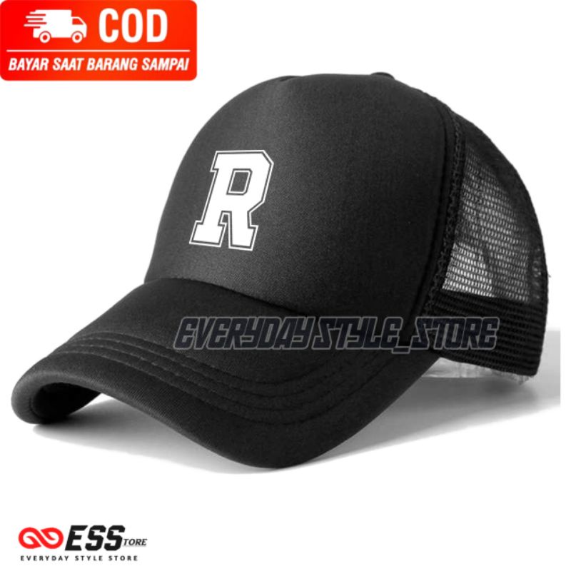 Topi Huruf R Trucker Jaring - Topi Inisial Abjad Alphabet Teks Huruf R