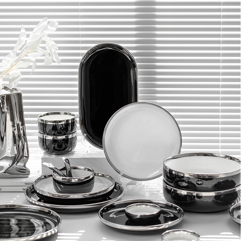 [Casa De Luxo] Piring Makan Keramik Hitam Silver / Piring Hitam Keramik List Silver / Mangkuk Kerami