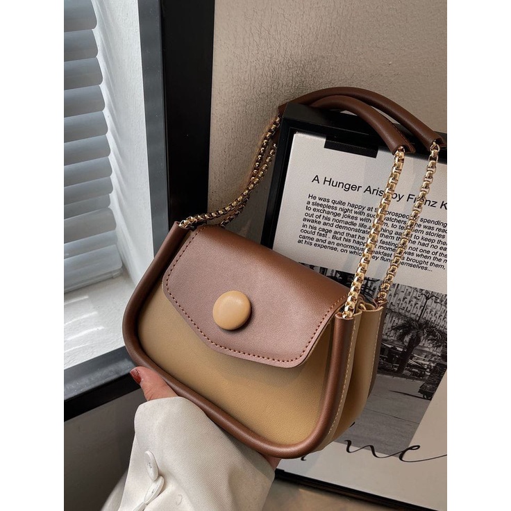 Tas Selempang Wanita Kekinian Terbaru Qyara Bag Korean Style 2023-Khaki List Cokelat