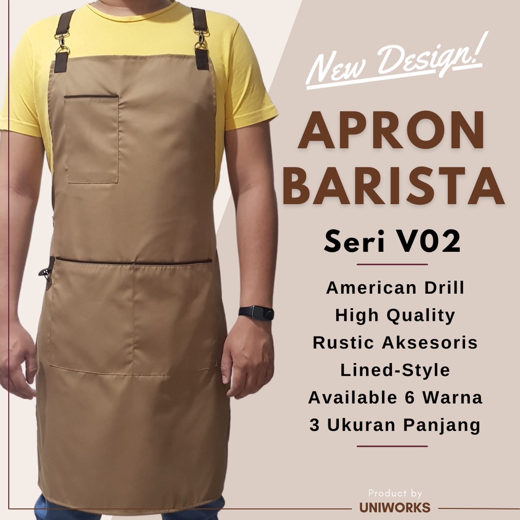 UNIWORKS Apron Barista Premium Seri V02 Bahan American Drill Original dengan Kombinasi 6 Warna dan 3 Ukuran Panjang