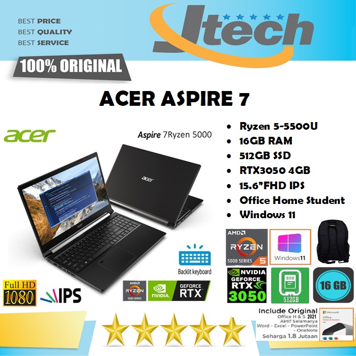 ACER ASPIRE 7 A715-42G - RYZEN 5-5500U - 16GB - 512GB SSD - RTX3050 4GB 15.6&quot;FHD IPS - W11 - OFFICE HOME STUDENT