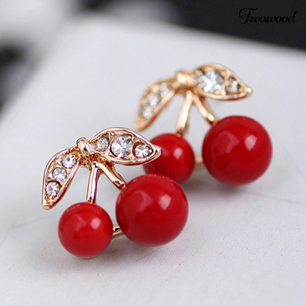 Duakayu Wanita Merah Cherry Bening Berlian Imitasi Telinga Studs Beads Golden Alloy Leaves Earrings