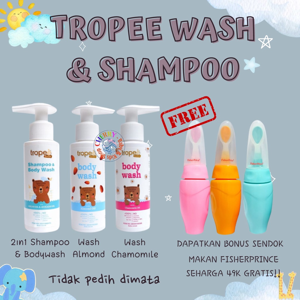 Tropee Bebe Wash Chamomile Oil / Almond Oil / 2in1 Shampoo &amp; Bodywash 100ML Sabun dan Shampoo Free Botol Sendok Mandi Anak CBKS
