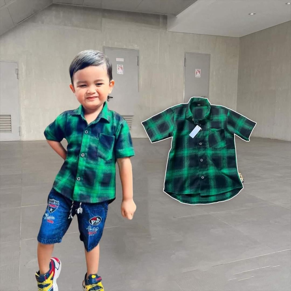 Setelan kemeja dan celana flanel jens pendek usia 1 sampai 5 tahun