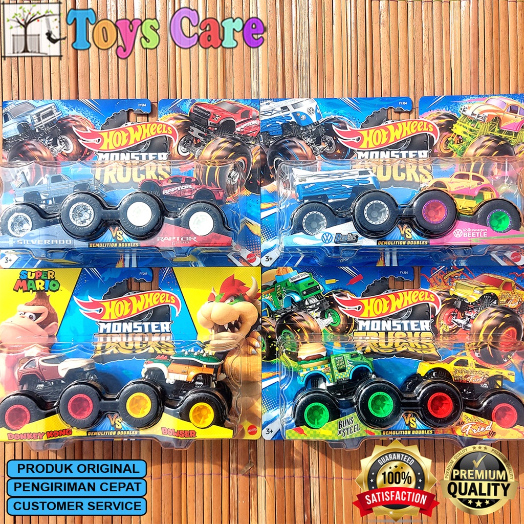 HOTWHEELS MONSTER TRUCKS DEMOLITION DOUBLES DRAGBUS vs VW VOLKSWAGEN BEETLE DONKEY KONG vs BOWSER BU
