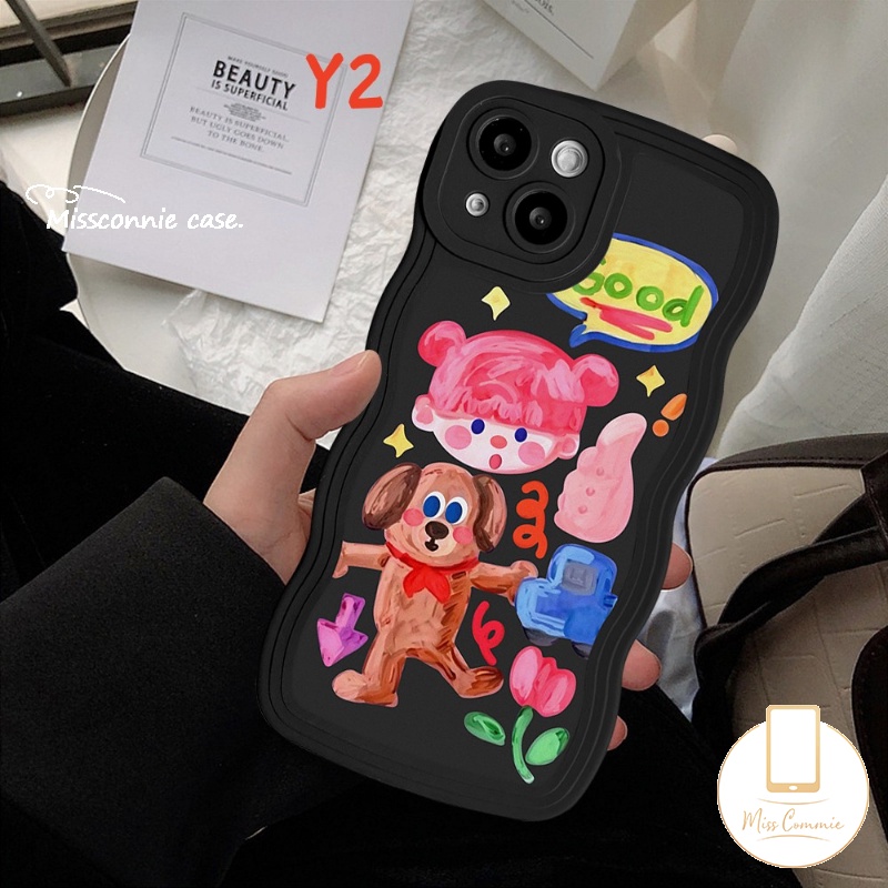 IPHONE Casing Pasangan Kompatibel Untuk Iphone11 14 13 12 Pro Max 6 6s 8 7 Plus XR 14Plus X XS Max SE 2020 Kartun Grafiti Anjing Lucu Populer Gadis Lucu Stiker Lembut Bergelombang Tepi Case