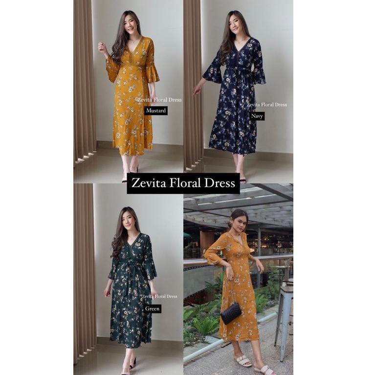 D0332 ZEVITA KOREAN FLORAL VINTAGE MIDI DRESS PANTAI LENGAN PANJANG BALI MUSIM PANAS SUMMER HIJAB BU
