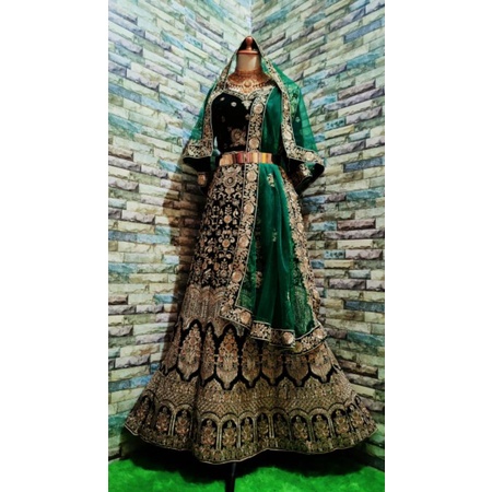 lehengga india bludru ijo botol velvet wedding dress baju india murah cantik mewah pengantin muslim 
