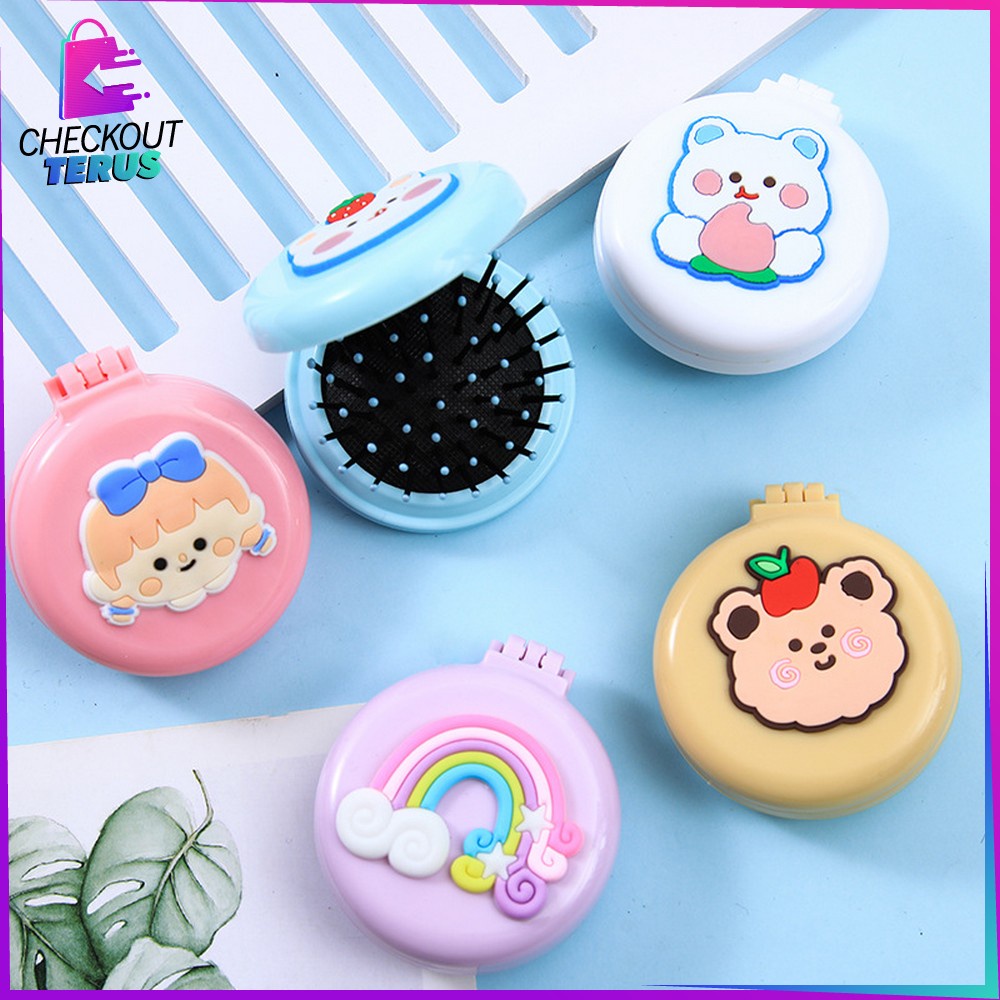 CT C767 Cermin Sisir Bulat Lipat Kaca Compact 2IN1 Praktis Anti Kusut Motif Karakter Lucu Portable Korean Style