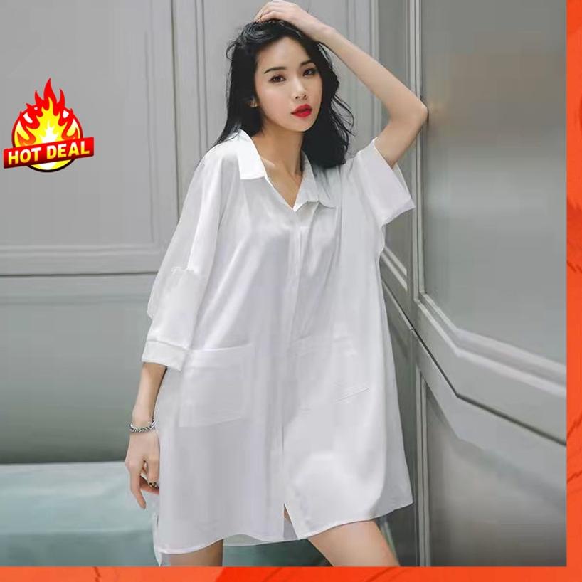 Terbaruϟday ✅COD Piyama baju tidur putih kemeja Dress panjang sexy bahan Chiffon