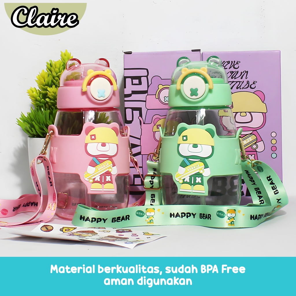 Botol Minum Anak Happy Bear 600ML/ Botol Air Minum Anak Free Sticker 2D &amp; 3D