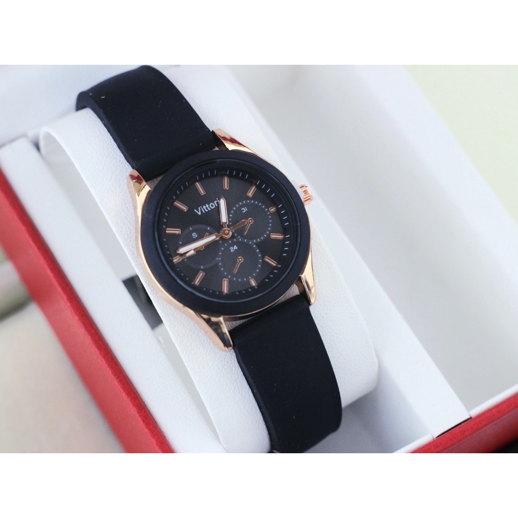 BEST SELLER JAM TANGAN VITTORIO WANITA J23 TALI RUBEBR TANGGAL AKTIF BODY BULAT DM 3.0CM FREE BOX &amp; BATERAI || JAM TANGAN FASHION WANITA JAM TANGAN CEWEK MURAH