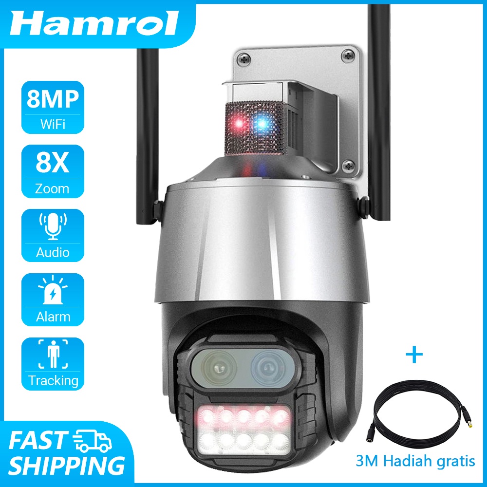 Hamrol 8MP 4K Dual Lens 8X Zoom Outdoor Speed Dome PTZ WiFi Camera With Anti-theft Siren Alarm Auto Tracking CCTV IP Camera