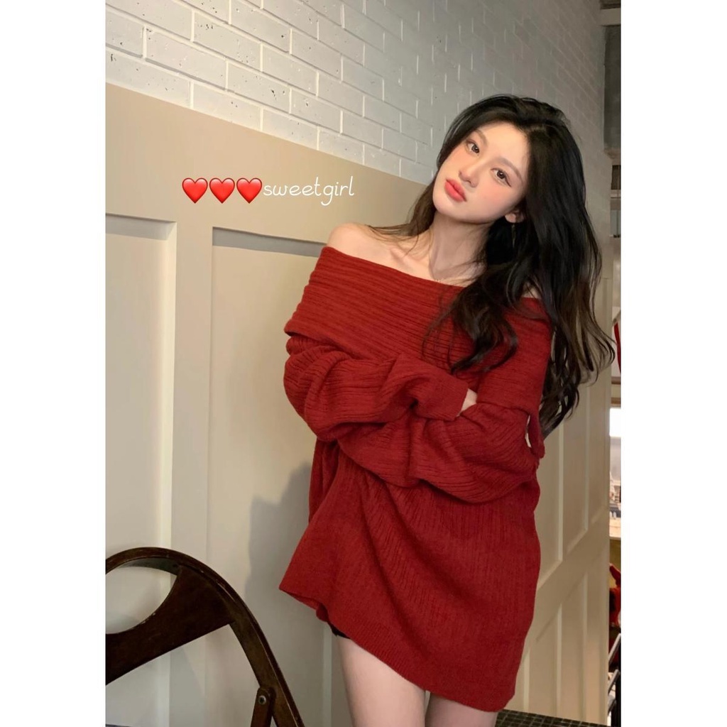 Red Pure Desire Style One-shoulder Soft Waxy Sweater Rajut Wanita Musim Gugur Rasa Hong Kong Longgar Model Sedang All-Match Atasan Kasual