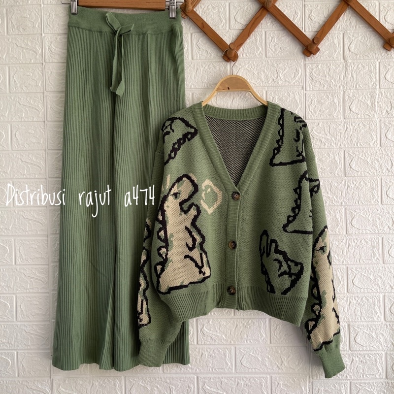 ONESET CARDIGAN DINO CROP SETELAN CELANA KULOT RAJUT WANITA