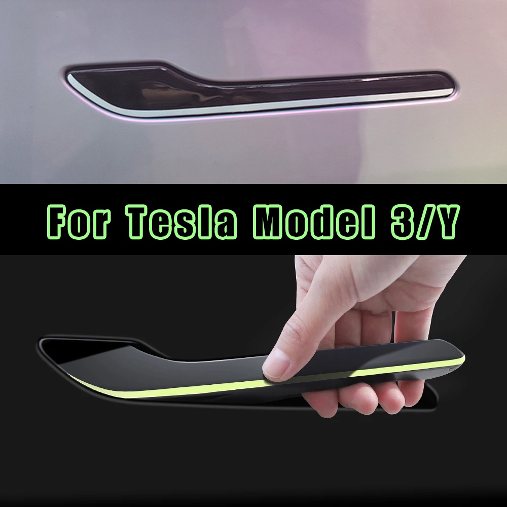 4pcs/set Glow Di Malam Hari Stiker Pegangan Pintu Mobil Neon Handle Cover Luminous Handle Pelindung Untuk Tesla Model 3model Y Aksesoris Styling Otomatis