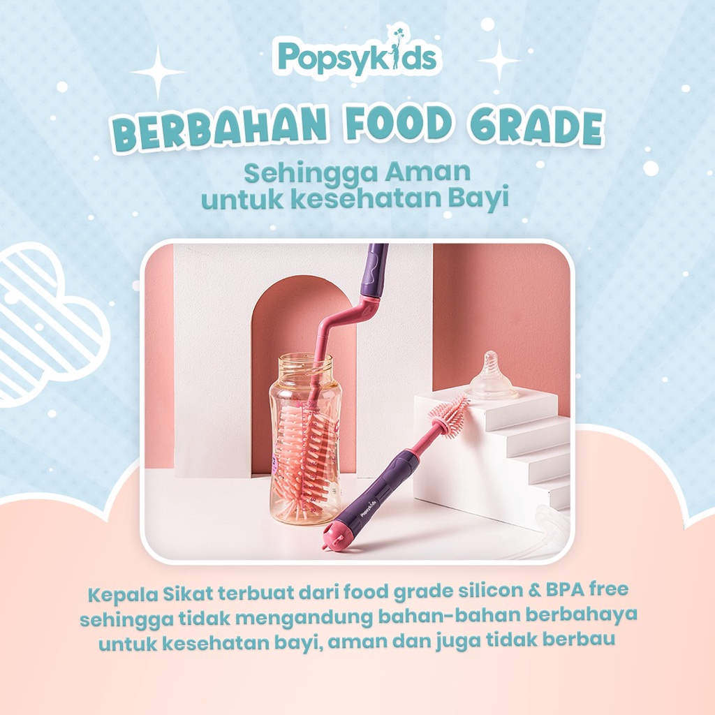 Popsykids Silicone Bottle Brush Set 3 in 1 | Sikat Botol Bayi Silikon 3 in 1 BPA Free