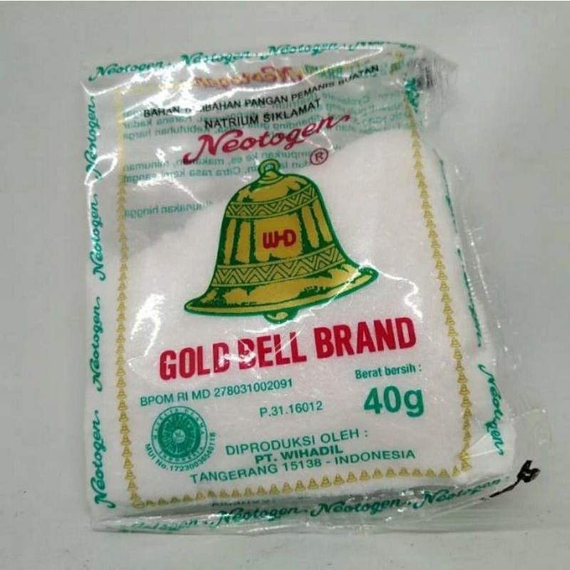 

SARI MANIS cap LONCENG NEOTOGEN GOLD BELL BRAND 40 GR / NATRIUM SIKLAMAT / SODIUM / PEMANIS BUATAN / BAHAN TAMBAHAN PANGAN