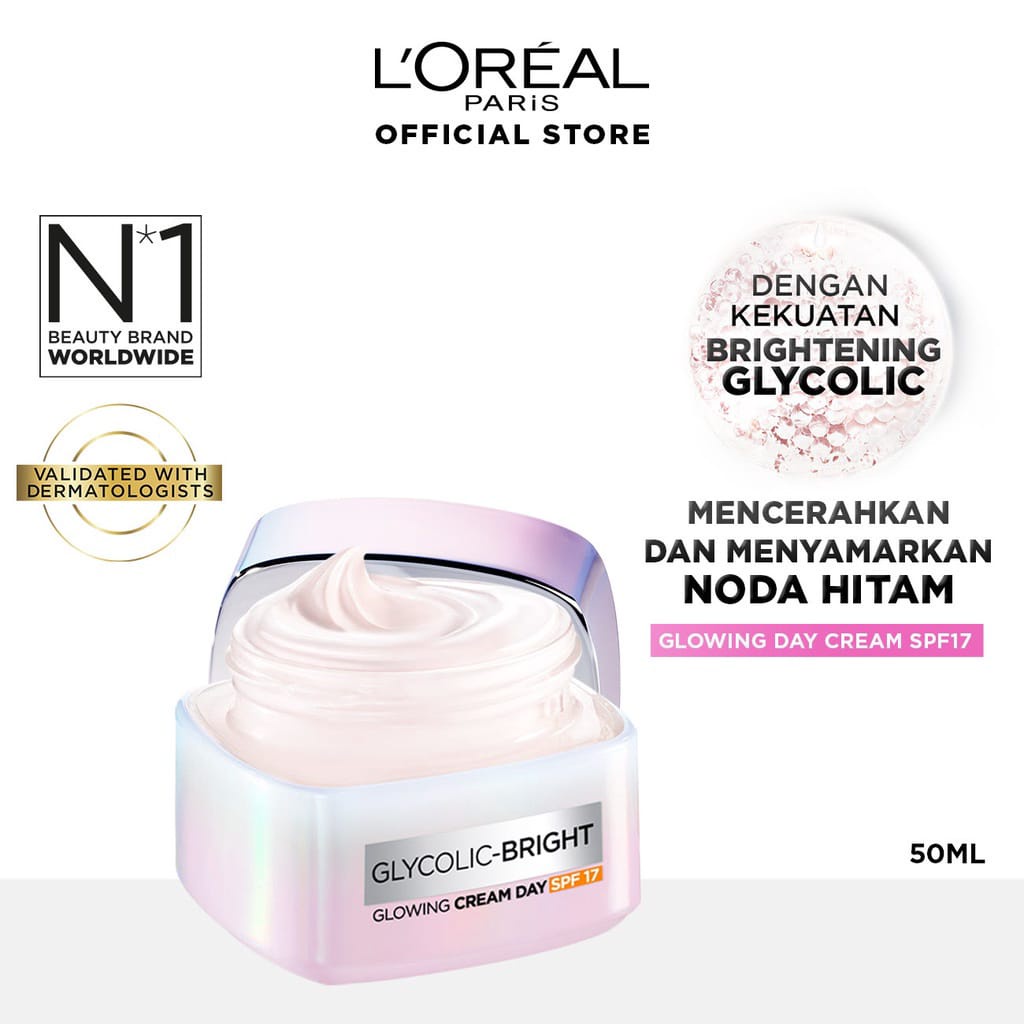 L'Oreal Paris Glycolic Bright Glowing Day Night Cream 15ml / 50ml Skincare Krim Glyco Loreal - Glicolic Acid AHA Skin Care Wajah Pink