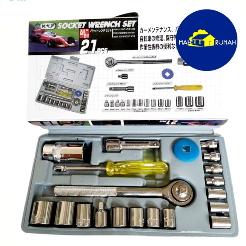 KUNCI SOK SET 21pcs 4-19mm 4mm - 19mm Shock Sock Set 21 pcs / Socket Wrench Set - KTP