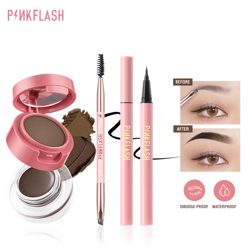 PINKFLASH 3PCS Eye Makup Set 2-in-1 Eyebrow Cream &amp; Powder Gel+Waterproof High Pigment Eyeliner+ 2-in-1 Eyebrow Brush