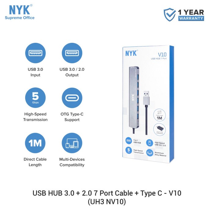 USB HUB 3.0 NYK V10 7 Port Cable 1M + OTG Type-C