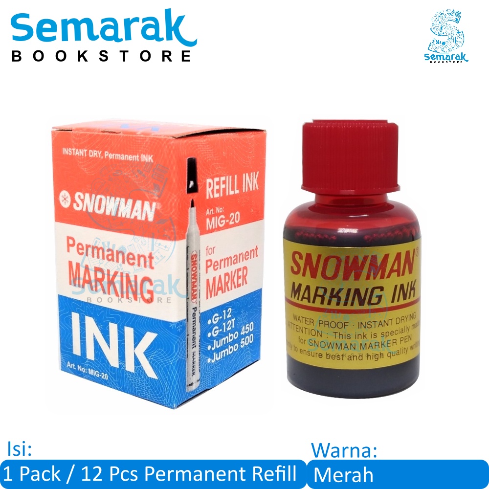 

Snowman Refill Permanent Marking Ink Tinta Spidol tidak dapat dihapus 20 ml - Merah [1 Pack / 12 Pcs]