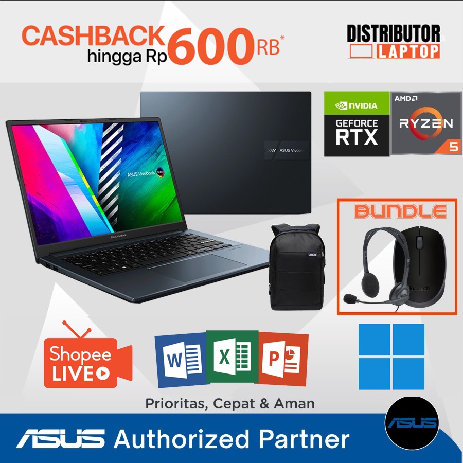 LAPTOP ASUS VIVOBOOK PRO 14 OLED M3401QC / RYZEN 5 / 14 INCH / 5600H RTX 3050 / SSD 512GB OHS - BISA CICILAN 0%