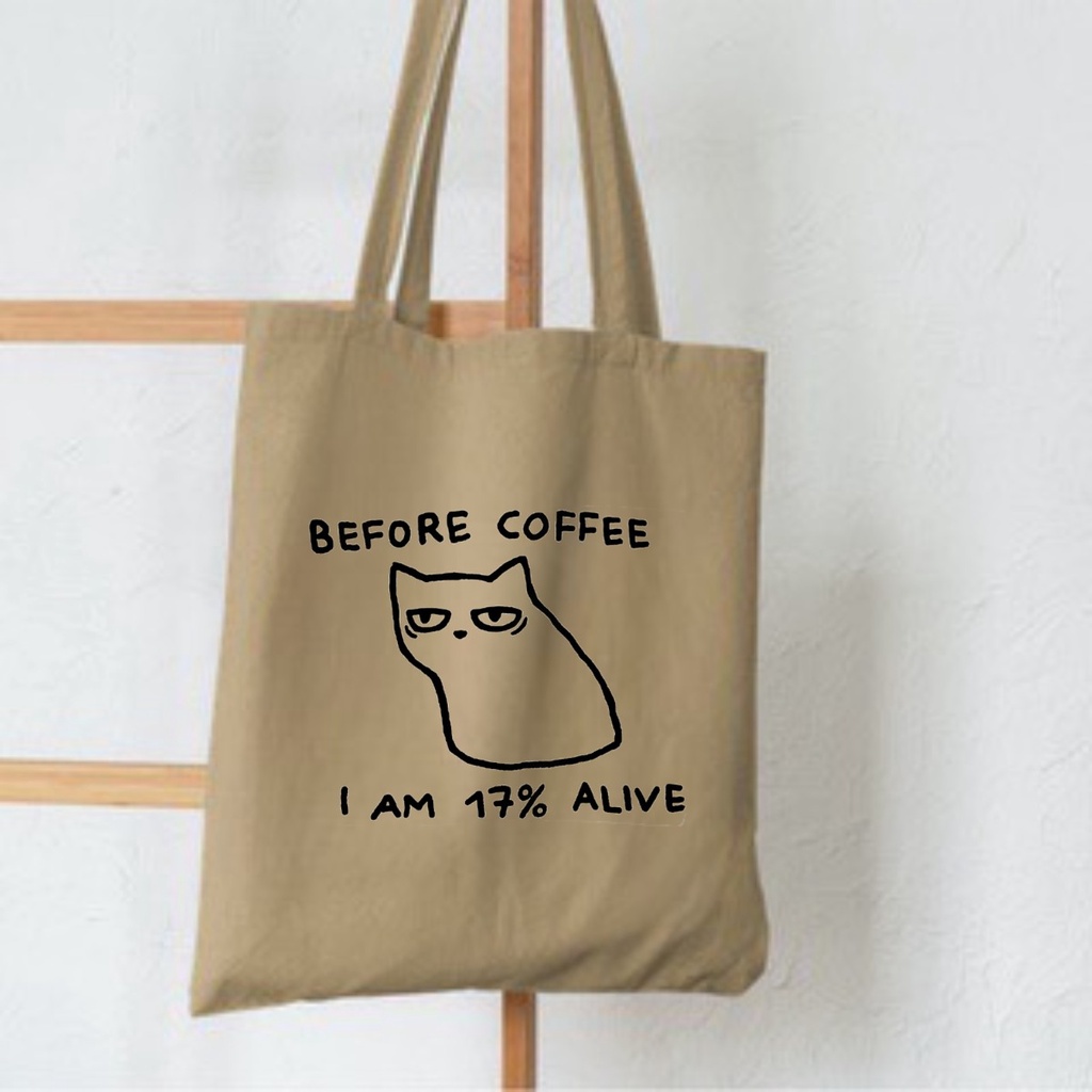 HOT SALE 2.2 [BISA COD] TOTEBAG MOTIF CAT BEFORE COFFEE TOTE RESLETING TERBARU 2023 / TOTEBAG KPOP / TOTE BAG KPOP / KOREA / GOT7 / SEVENTEEN/ IKON/ ANIMAL / ICE CREAM TOTE UKURAN BESAR RESLETING KANVAS WARNA HITAM MARUN NAVY KREM