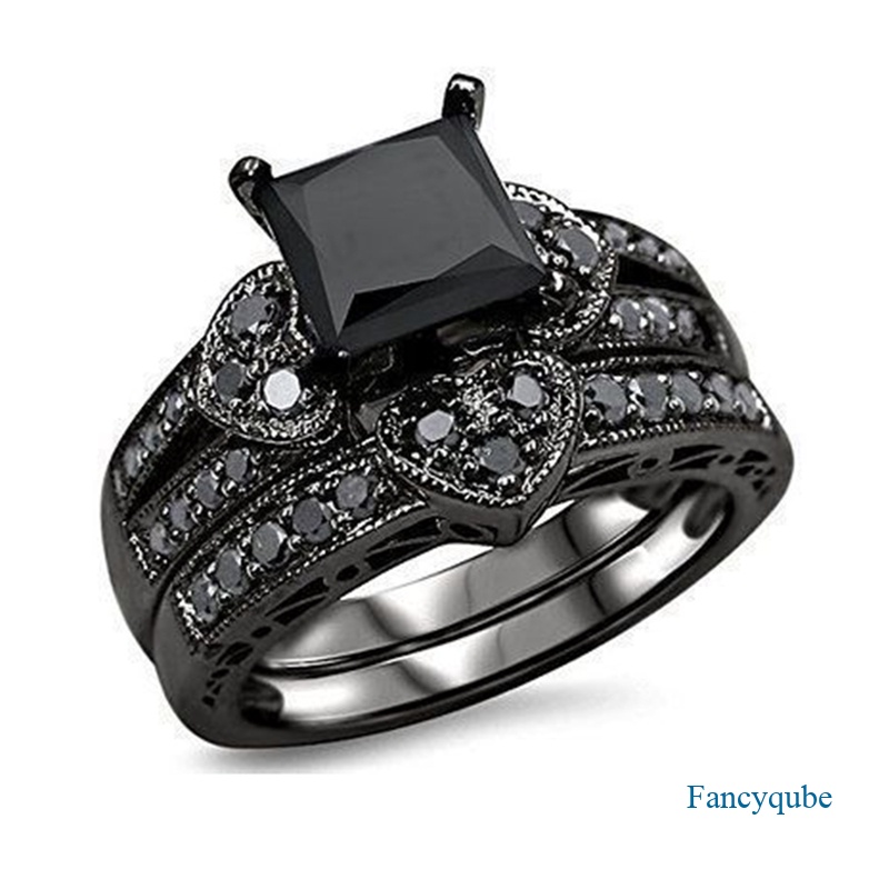 Fashion Wanita Persegi Hitam Cubic Zirconia Pengantin Cinta Hati Berlian Imitasi Set Cincin Pertunangan