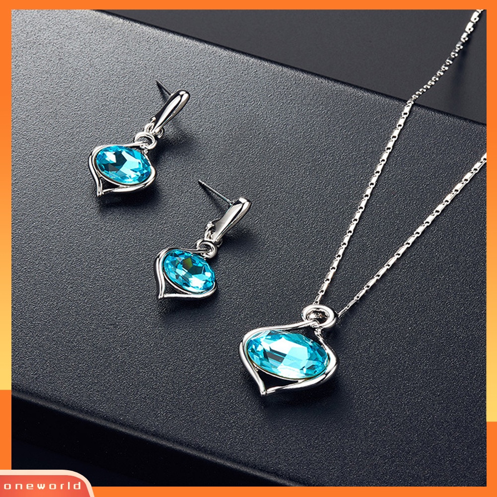 [oneworld] Fashion Wanita Oval Berlian Imitasi Liontin Kalung Telinga Stud Anting Set Perhiasan