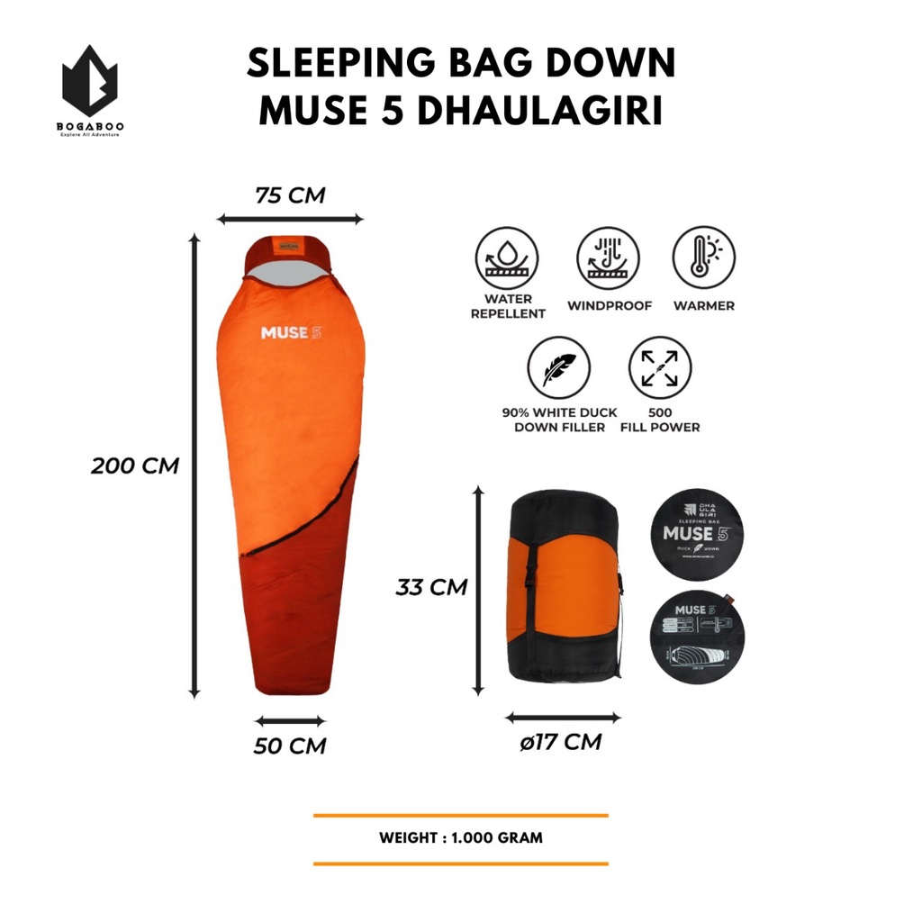 Sleeping Bag Dhaulagiri Down Muse 5 -Sleeping Bag Bulu Bebek Putih Hangat -  Kantung Tidur Kompres Sistem