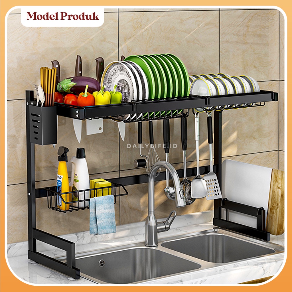 Rak Piring Wastafel Stainless Steel Hitam Peralatan Dapur Kokoh Kuat - ADJUSTABLE DISH RACK - Dailylife.id