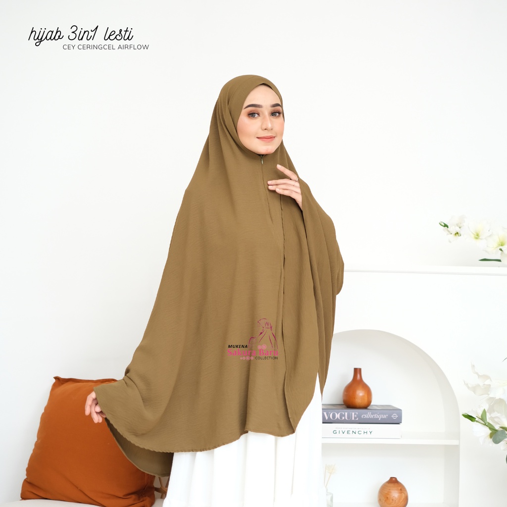 Hijab Sarie Lestie 3 in 1 Red Selting Instant Crincle Airflow Free Bross Warna (Kubus, Hitam, Army, Biru Wardah, Darkbrown, Denim, Greentea, Mocca, Navy, Teracota, Putih) Sakura