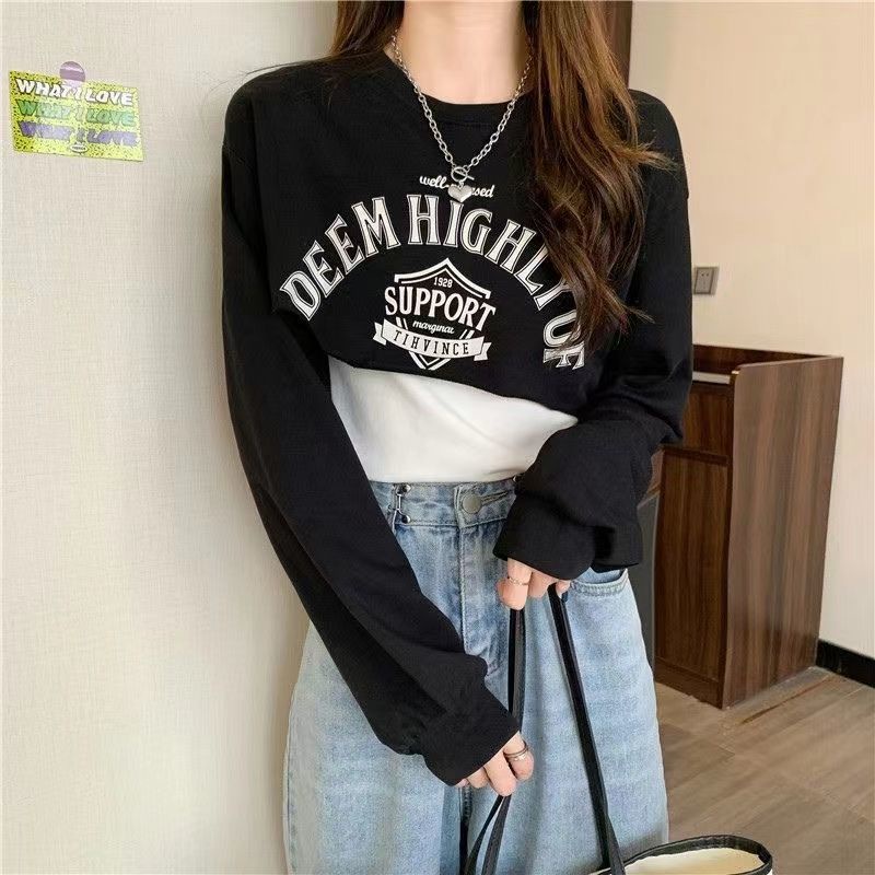 ☽□Sweater pendek kamisol dua potong set wanita musim semi dan musim gugur rasa desain ceruk longgar bagian tipis atasan lengan panjang trendi in