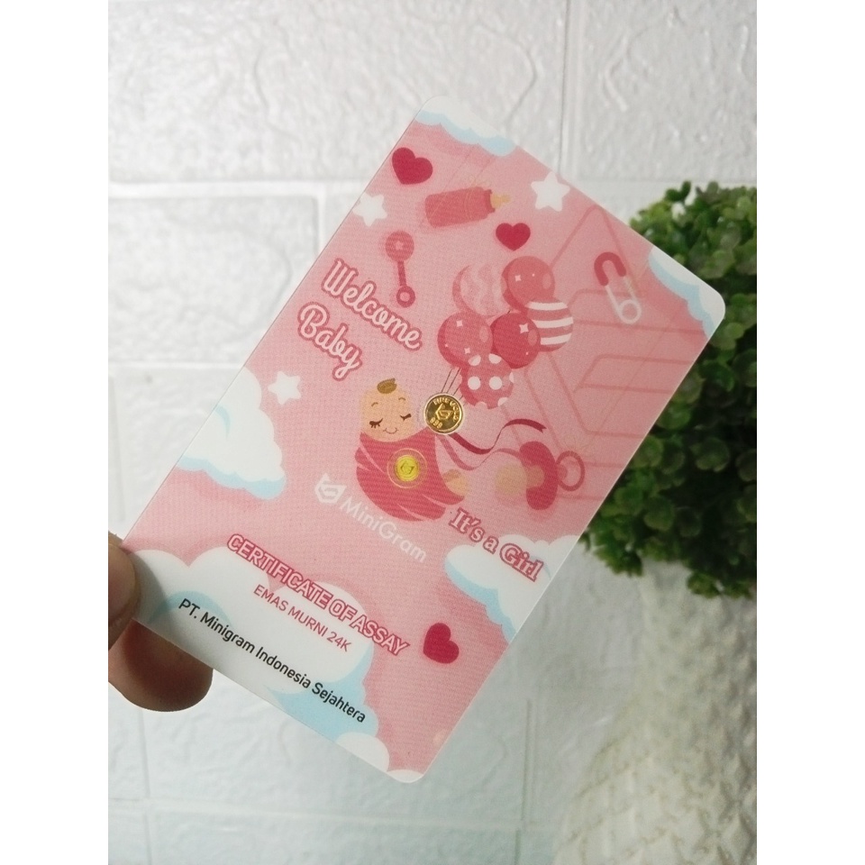 MINIGRAM Gift Series 0.005 Gram Welcome Baby It's a Girl Edition Kemasan PVC TERMURAH TERLARIS Emas Mini Emas Batangan Logam Mulia Murni 24 Karat Bersertifikat Resmi Asli Original Tabungan Emas Souvenir Keren Mewah