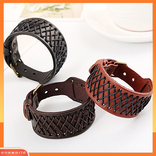 {oneworld} Gelang Kulit Kepang Lebar Gaya Punk Pria Wanita Bangle Retro Gelang Cuff Bracelet