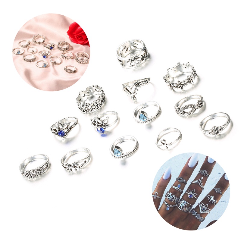 13pcs/set Bohemian Vintage Kristal Cincin Set Perhiasan Mewah Wanita Aksesoris Fashion