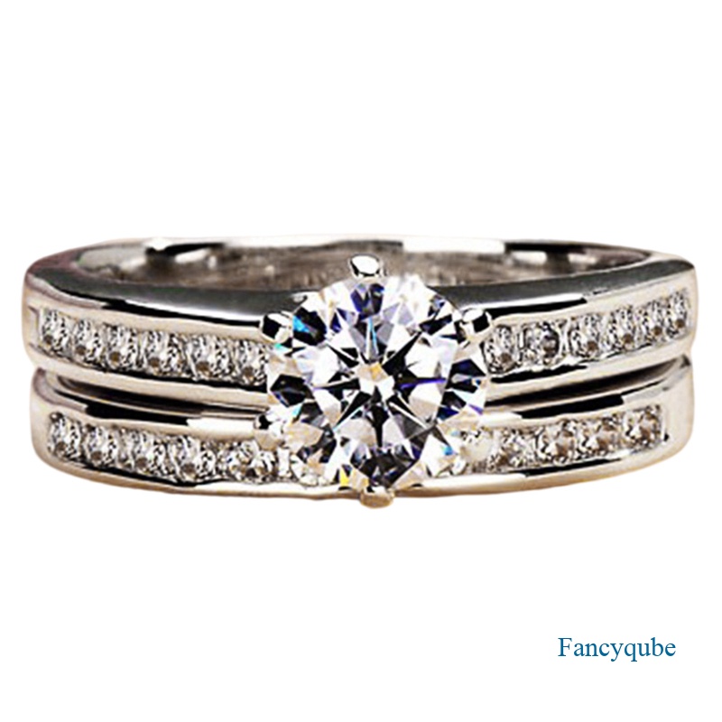 2pcs/set Desain Sederhana Pernikahan Band Wanita Cincin Bertatahkan Bulat Cubic Zirconia Berkualitas Tinggi Warna Perak Pertunangan