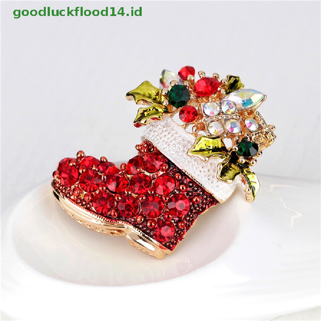 [GOOGFOUR] 1x Baru Berlian Imitasi Kristal Natal Stocking Boot Pin Bros Xmas Hadiah Nada Emas [TOP]